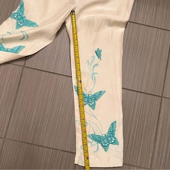 Vintage Silk Cream Teal Embroidered Butterfly Pants Yves Cossette Depeche Mode - Picture 12 of 12
